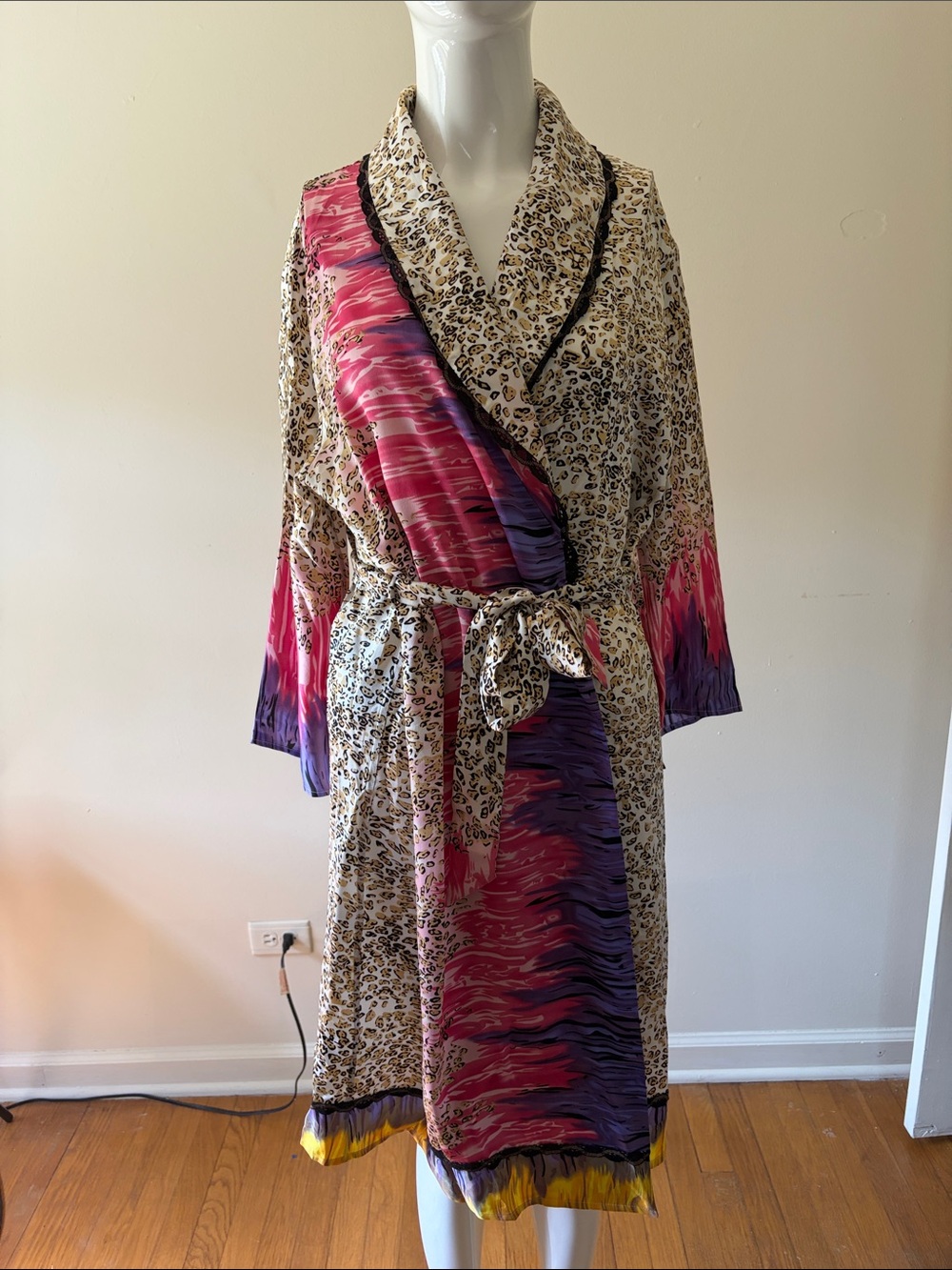 Leopard Print Satin Wrap Robe with Pink & Purple Panels